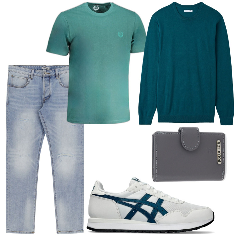 Outfit uomo - Casual per il tempo libero. Stile Casual per Tutti i giorni. Abbinamento con maglieria, jeans slim fit, portafogli, sneakers, t-shirt.