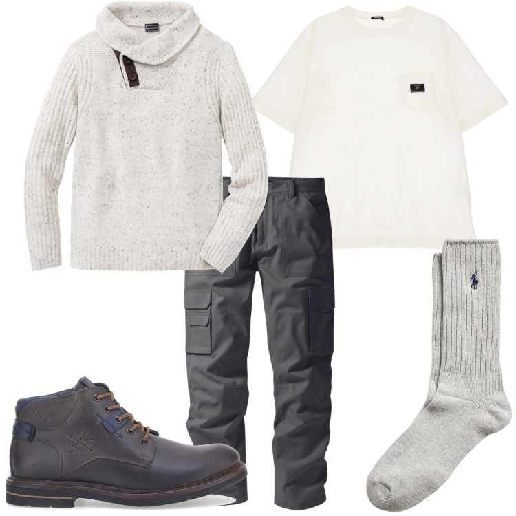 Outfit uomo - Il grigio chiaro per il week-end. Stile Casual per Tutti i giorni. Abbinamento con maglieria, pantaloni cargo, t-shirt, calzini, stivali e stivaletti.