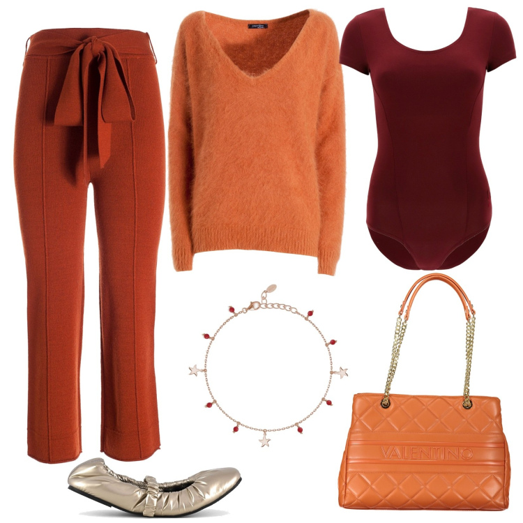 Outfit donna - Foliage autunnale dal rosso all\'arancio. Stile Casual chic per Tutti i giorni. Abbinamento con braccialetti con ciondoli, maglieria, pantaloni, body, ballerine, borse a spalla.