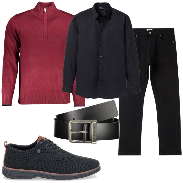 Outfit uomo - La serata del sabato sera. Stile Trendy per Tutti i giorni. Abbinamento con camicie, pantaloni, scarpe stringate, cinture, maglieria.