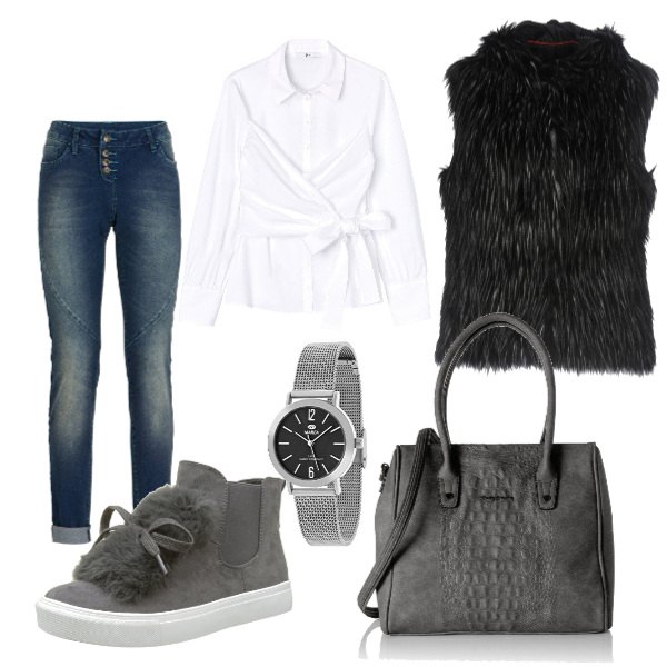 Outfit donna - Basic #17774. Stile Basic per Tutti i giorni. Abbinamento con jeans boyfriend, cappotto, scarpe da ginnastica effetto scamosciato grigio, camicia a portafoglio colletto punta con bottoni bianco, shopping bag cartella grigio, orologi.