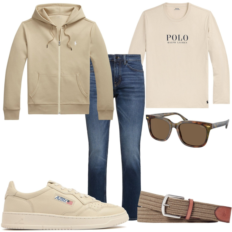 Outfit uomo - Il week-end in beige. Stile Trendy per Tutti i giorni. Abbinamento con felpe, cinture, occhiali da sole, t-shirt, jeans, sneakers.