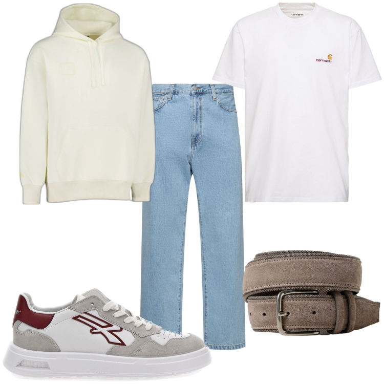 Outfit uomo - La domenica mattina. Stile Casual per Tutti i giorni. Abbinamento con felpe con cappuccio, sneakers, cinture, t-shirt, jeans.