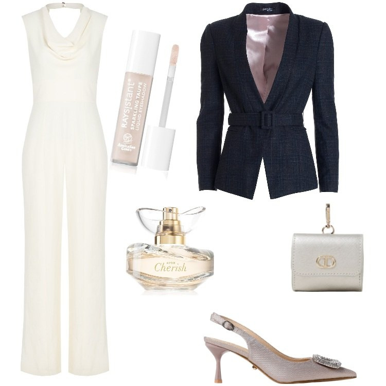 Outfit donna - Total look #1952879. Stile Glamour per Cerimonia. Abbinamento con profumi, ombretti, tute, blazer, scarpe col tacco, portamonete.
