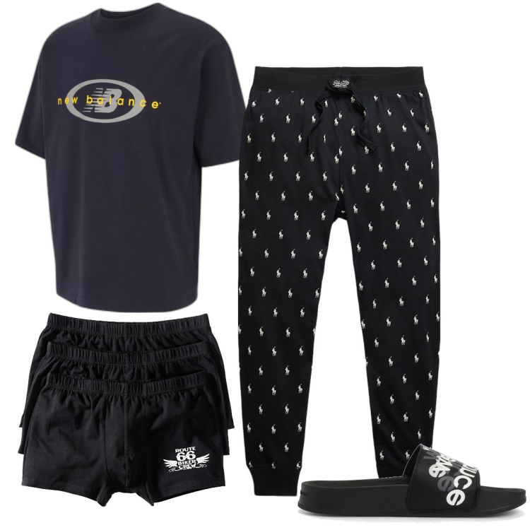 Outfit uomo - Serata davanti alla tv. Stile Casual per Tutti i giorni. Abbinamento con boxer, t-shirt, sandali, pantaloni.