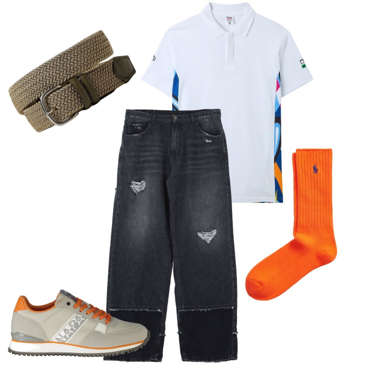 Outfit uomo - I calzini arancioni. Stile Trendy per Tutti i giorni. Abbinamento con polo, jeans, calzini, cinture, sneakers.