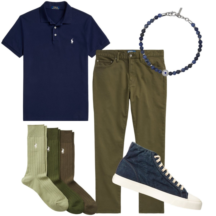 Outfit uomo - Il tris di calzini. Stile Casual per Ufficio. Abbinamento con braccialetti, sneakers, polo, calzini, pantaloni chino.