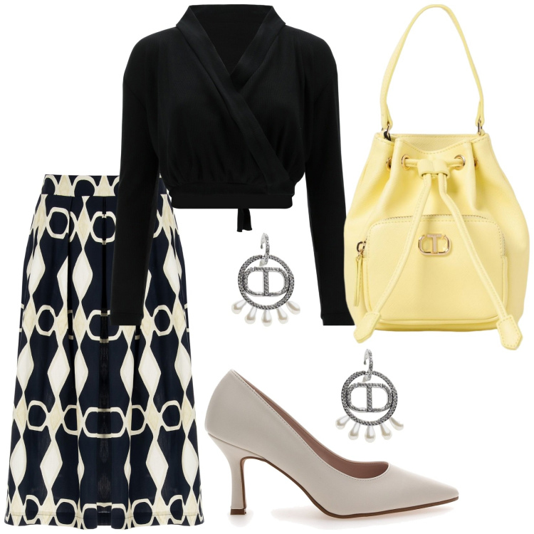 Outfit donna - Total look #1952886. Stile Chic per Ufficio. Abbinamento con gonne longuette, top, décolleté, borse a secchiello, orecchini.