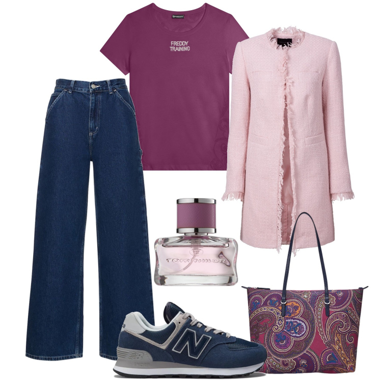 Outfit donna - Lo spolverino in bouclé. Stile Sporty chic per Tutti i giorni. Abbinamento con blazer, profumi, sneakers, t-shirt, borse tote, pantaloni.