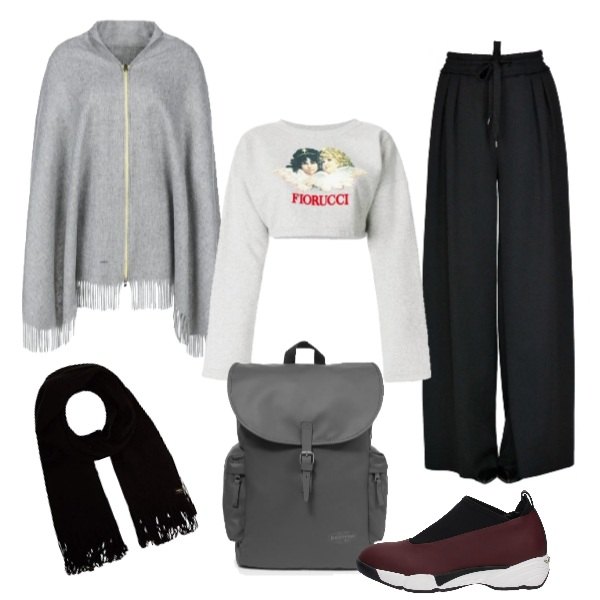 Outfit donna - Mantella con la zip. Stile Trendy per Tutti i giorni. Abbinamento con sneakers rosso e bordeaux e nero e oro, zaino, felpa con logo grigio, pantalone oversize, mantella sport multicolore e grigio, sciarpa nero.