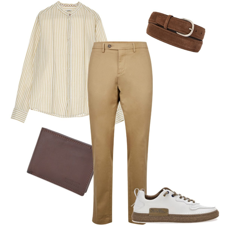 Outfit uomo - La camicia alla coreana. Stile Trendy per Serata speciale. Abbinamento con camicie, pantaloni chino, scarpe stringate, portafogli, cinture.