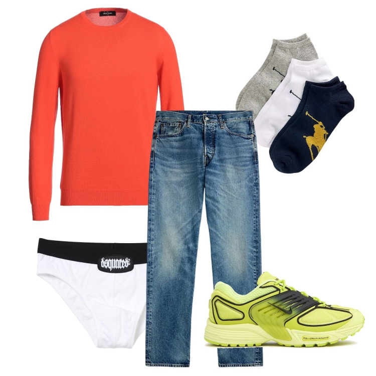 Outfit uomo - Maglia arancione. Stile Urban per Tutti i giorni. Abbinamento con pullovers, calzini, jeans dritti, sneakers, slip.