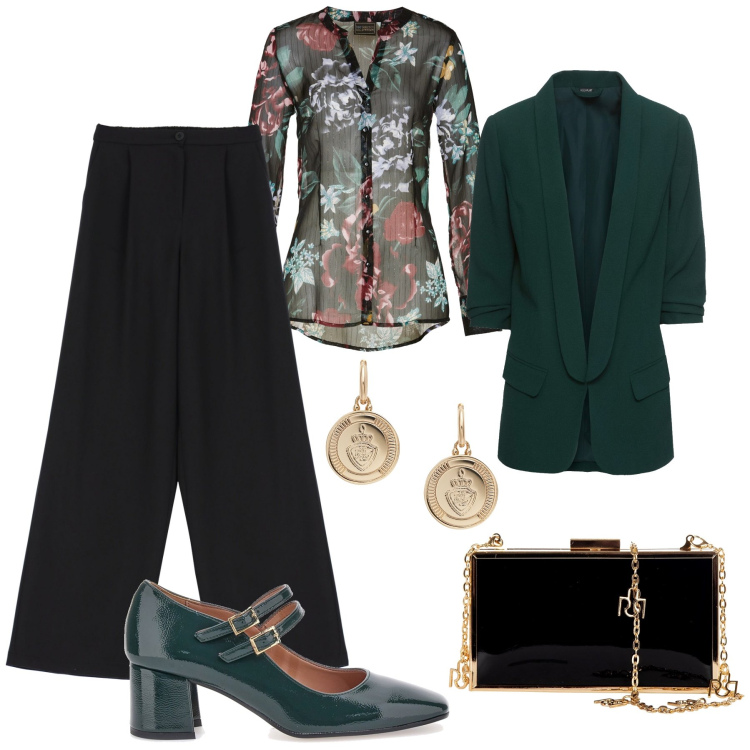 Outfit donna - Serata con le Mary Jane. Stile Bon Ton per Serata fuori. Abbinamento con blazer, camicie, pochette, pantaloni a palazzo, orecchini, décolleté.