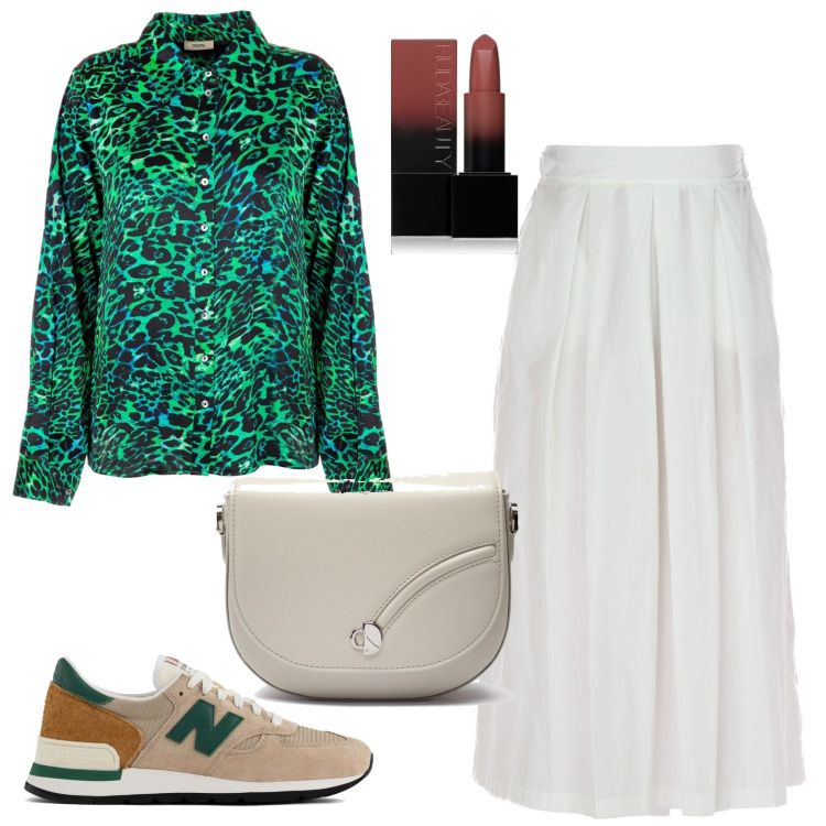 Outfit donna - Rientro con le sneakers. Stile Sporty chic per Tutti i giorni. Abbinamento con rossetti, sneakers, camicie, gonne, borse a tracolla.