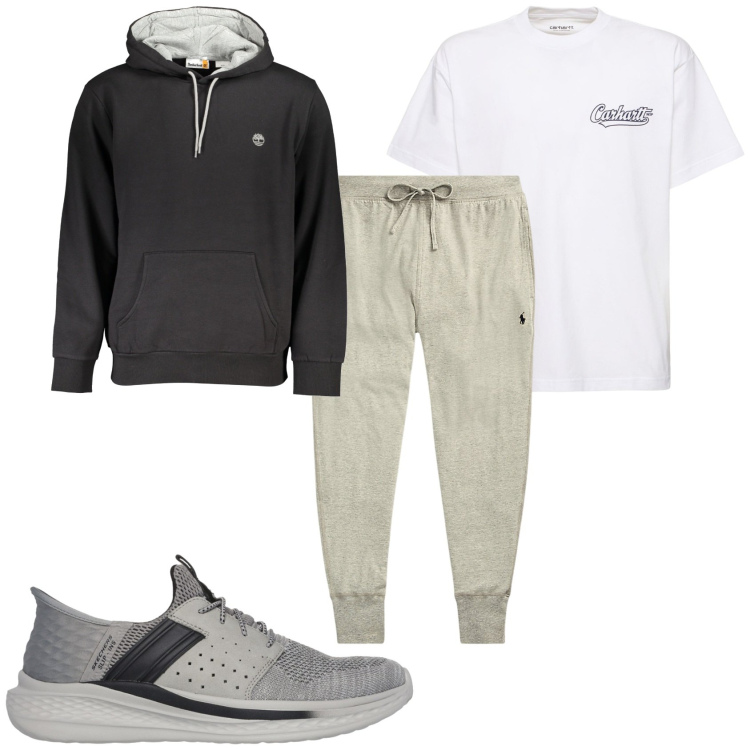 Outfit uomo - La domenica in casa. Stile Casual per Tutti i giorni. Abbinamento con pantaloni, sneakers, felpe con cappuccio, t-shirt.