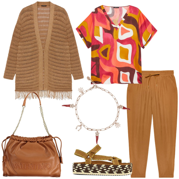 Outfit donna - I colori dell\'autunno. Stile Casual per Tutti i giorni. Abbinamento con braccialetti, sandali, pantaloni, cardigans, borse a spalla, bluse.