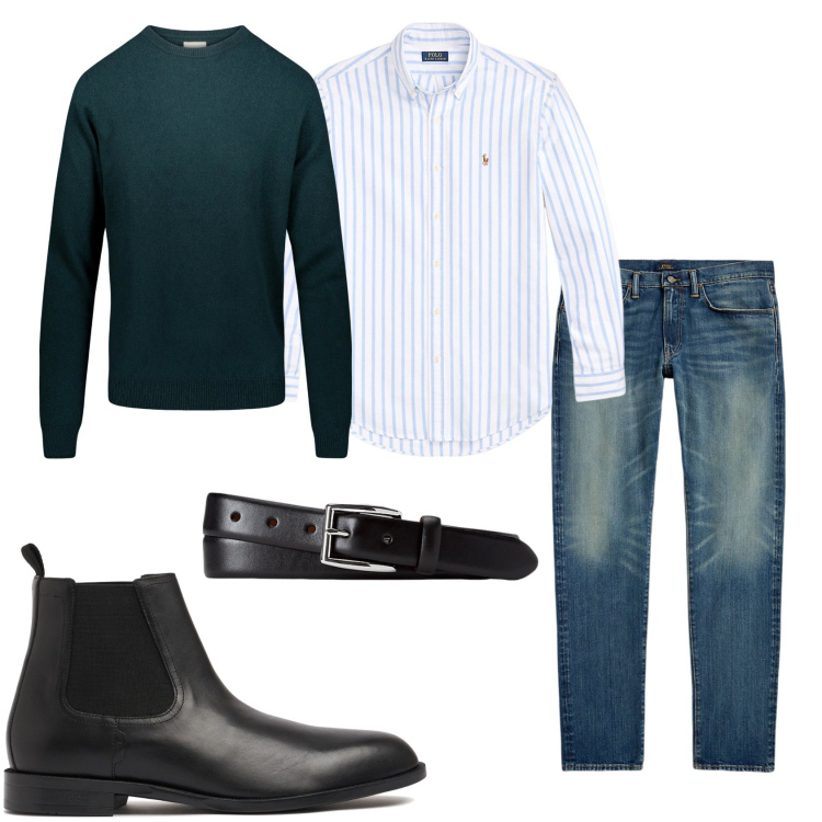 Outfit uomo - A pranzo dai nonni. Stile Urban per Tutti i giorni. Abbinamento con cinture, jeans, camicie, maglieria, stivali e stivaletti.