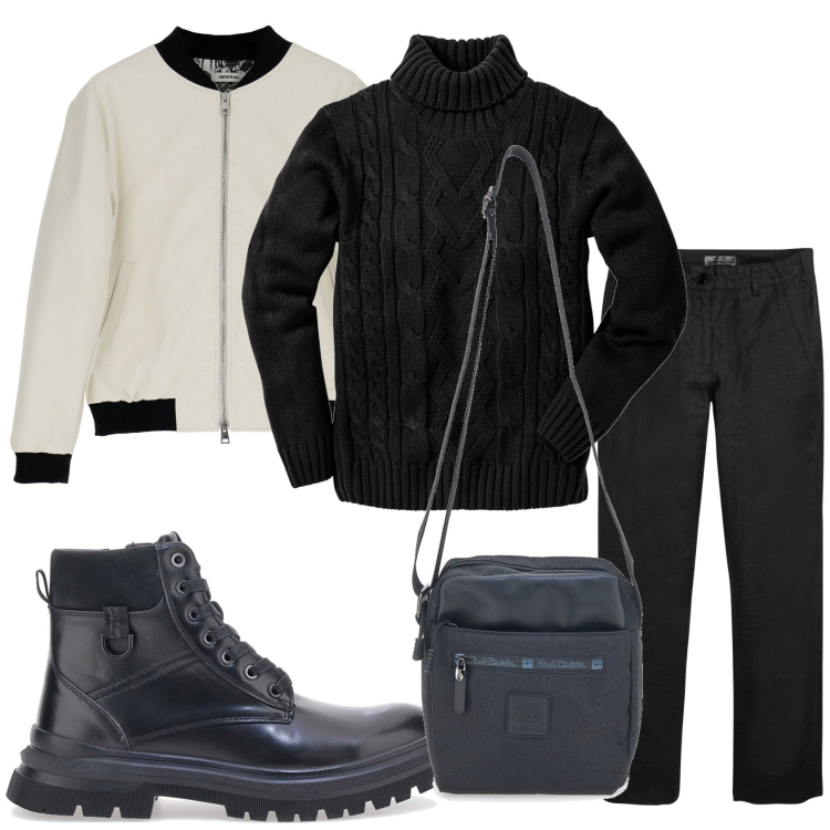 Outfit uomo - Passeggiata in montagna. Stile Trendy per Tutti i giorni. Abbinamento con pantaloni, maglieria, giacche, portafogli, anfibi.