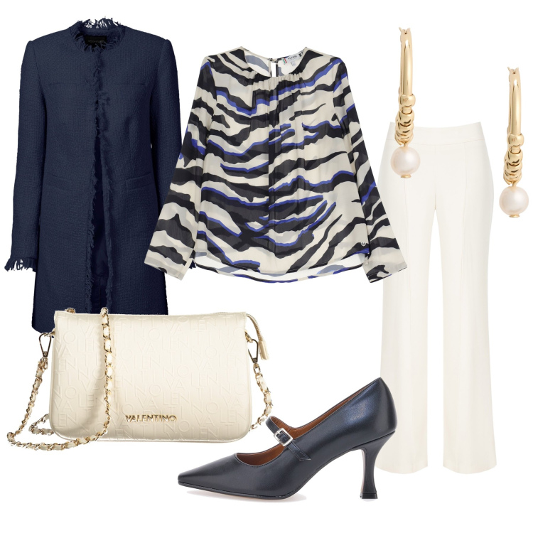 Outfit donna - Invitata. Stile Bon Ton per Cerimonia. Abbinamento con blazer, pantaloni a palazzo, camicie, orecchini, décolleté, borse a spalla.