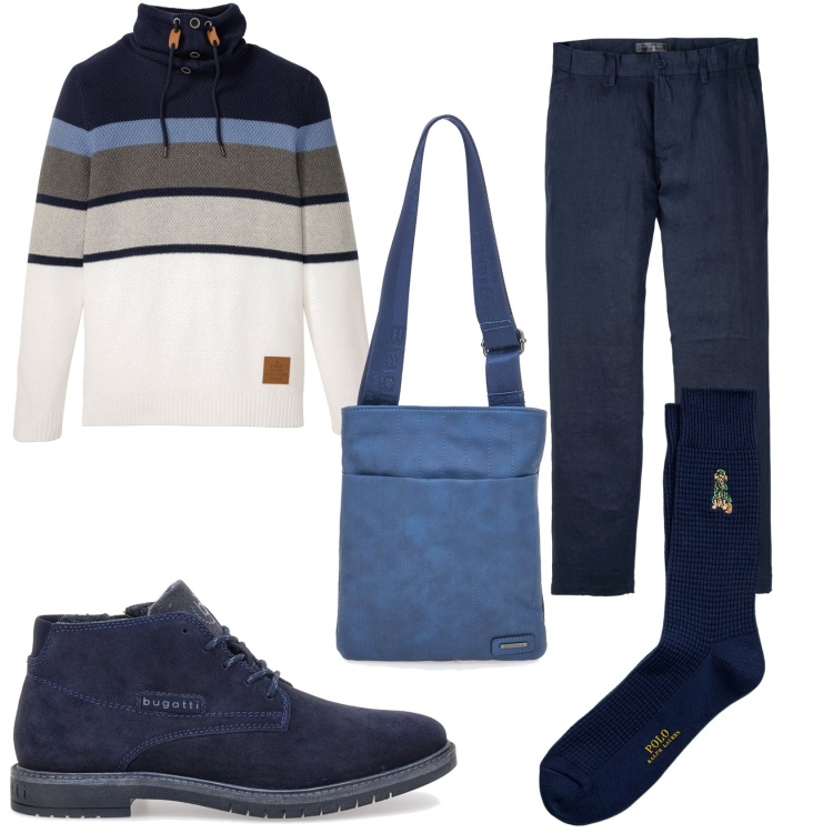 Outfit uomo - Il blu per il week-end. Stile Casual per Tutti i giorni. Abbinamento con maglieria, pantaloni, calzini, portafogli, scarpe stringate.