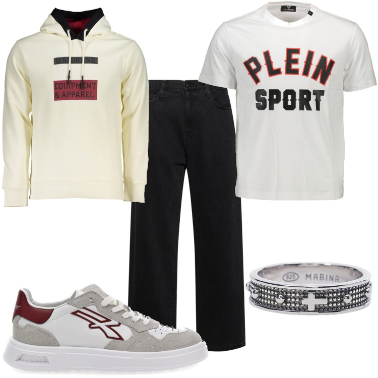 Outfit uomo - Il pomeriggio con gli impegni. Stile Casual per Tutti i giorni. Abbinamento con anelli, sneakers, felpe con cappuccio, t-shirt, jeans.