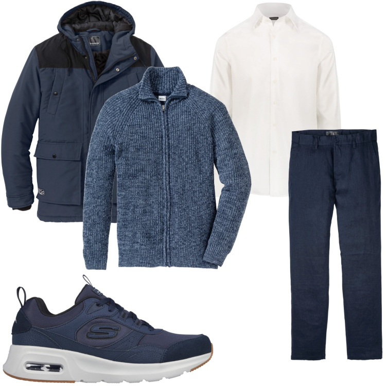 Outfit uomo - Giorno di festa. Stile Trendy per Tutti i giorni. Abbinamento con cardigans, pantaloni, piumini, camicie, sneakers.