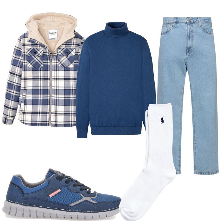 Outfit uomo - La domenica in casa di amici. Stile Urban per Tutti i giorni. Abbinamento con maglieria, cappotti, calzini, sneakers, jeans.