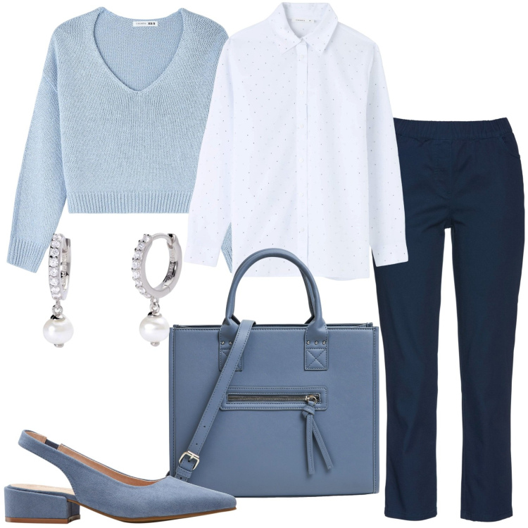 Outfit donna - A lavorare sportiva elegante. Stile Glamour per Ufficio. Abbinamento con pantaloni, décolleté, maglieria, camicie, shopping bag, orecchini.