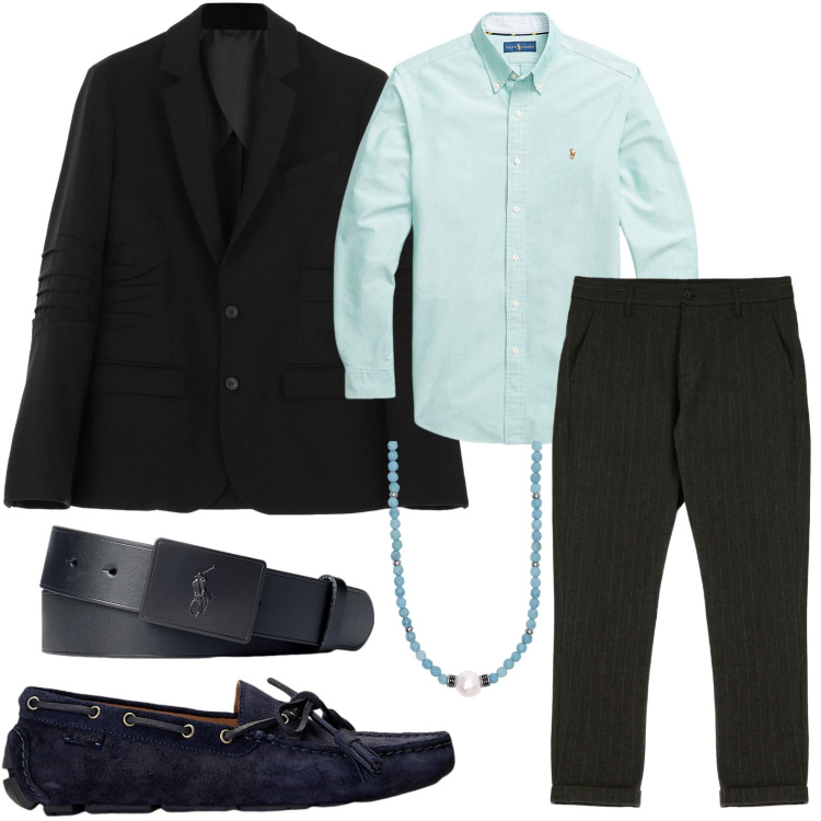 Outfit uomo - Total black. Stile Urban per Serata speciale. Abbinamento con collane, pantaloni, giacche, scarpe stringate, cinture, camicie.