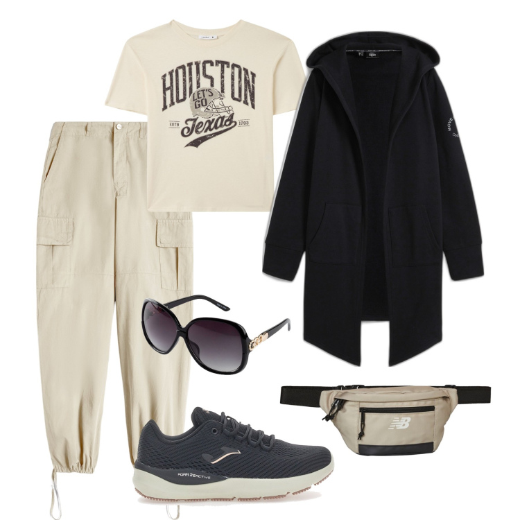 Outfit donna - Cardigan con il cappuccio e cargo. Stile Casual per Tutti i giorni. Abbinamento con blazer, occhiali da sole, t-shirt, marsupi, pantaloni cargo, sneakers.