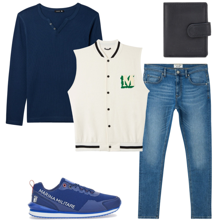 Outfit uomo - Pausa caffè. Stile Urban per Tutti i giorni. Abbinamento con gilet, t-shirt, jeans slim fit, portafogli, sneakers.