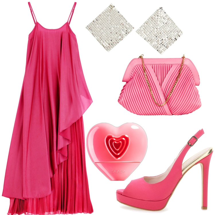 Outfit donna - Affari di fine estate. Stile Glamour per Cerimonia. Abbinamento con profumi, orecchini, pochette, vestiti lunghi, décolleté.