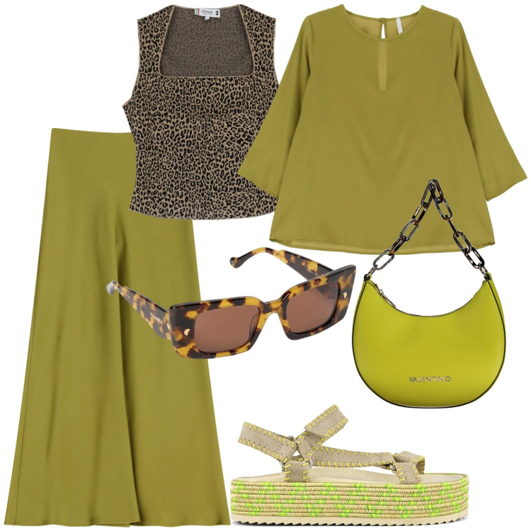 Outfit donna - Total look #1952998. Stile Casual per Tutti i giorni. Abbinamento con top, gonne lunghe, camicie, sandali, occhiali da sole, borse a spalla.