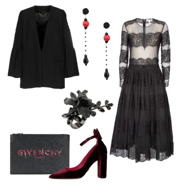 Outfit donna - Un Halloween da paura. Stile Chic per Serata fuori. Abbinamento con décolleté contrasto con tacco squadrato e cinturino a punta in velluto tinta unita, anello in ottone, giacca scollatura profonda a maniche lunghe interno foderato crêpe, orecchini con farfallina in seta argento, clutch con stampa taglia unica nero, vestito.