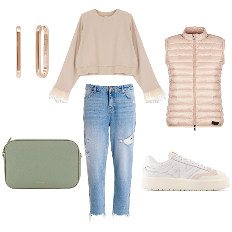 Outfit donna - Colori tenui. Stile Urban per Tutti i giorni. Abbinamento con orecchini, sneakers, jeans boyfriend, felpe, piumini, borse a tracolla.