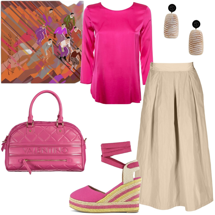 Outfit donna - Fuxia per il rientro in ufficio. Stile Casual chic per Ufficio. Abbinamento con espadrillas, collane, gonne, foulard, orecchini, bluse.