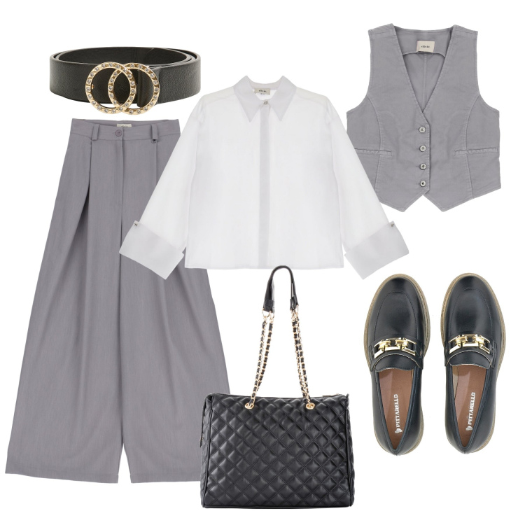 Outfit donna - Mannish mania anche di sera. Stile Mannish per Serata fuori. Abbinamento con shopping bag, cinture, pantaloni a palazzo, camicie, gilet, mocassini.
