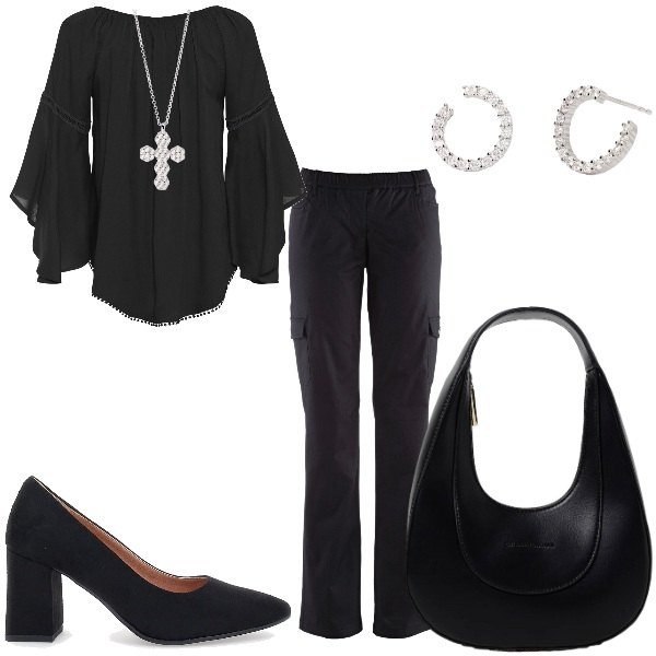 Outfit donna - Totale nero black. Stile Glamour per Serata fuori. Abbinamento con bluse, pantaloni cargo, orecchini, ciondoli, décolleté, borse a spalla.