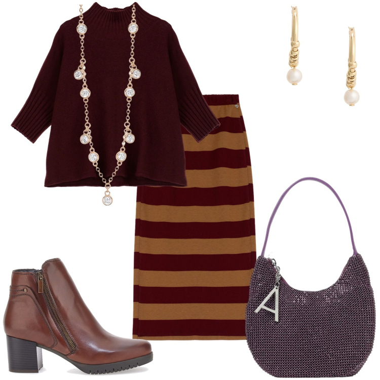 Outfit donna - Gonna midi per la giornata. Stile Trendy per Tutti i giorni. Abbinamento con gonne longuette, collane, maglieria, orecchini, stivaletti, borse a spalla.