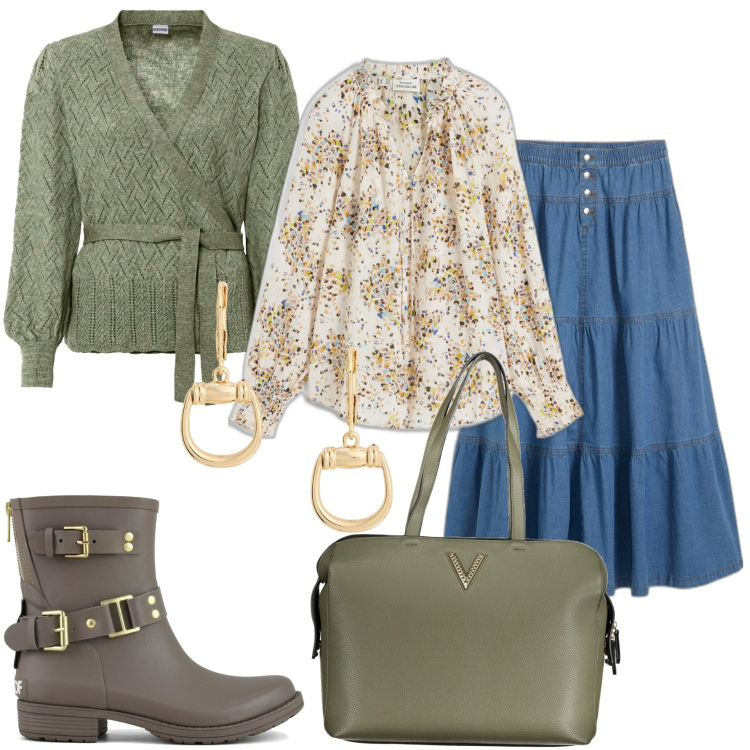 Outfit donna - Gonna lunga con la fantasia. Stile Trendy per Tutti i giorni. Abbinamento con maglieria, gonne, tuniche, orecchini, stivali, borse a spalla.