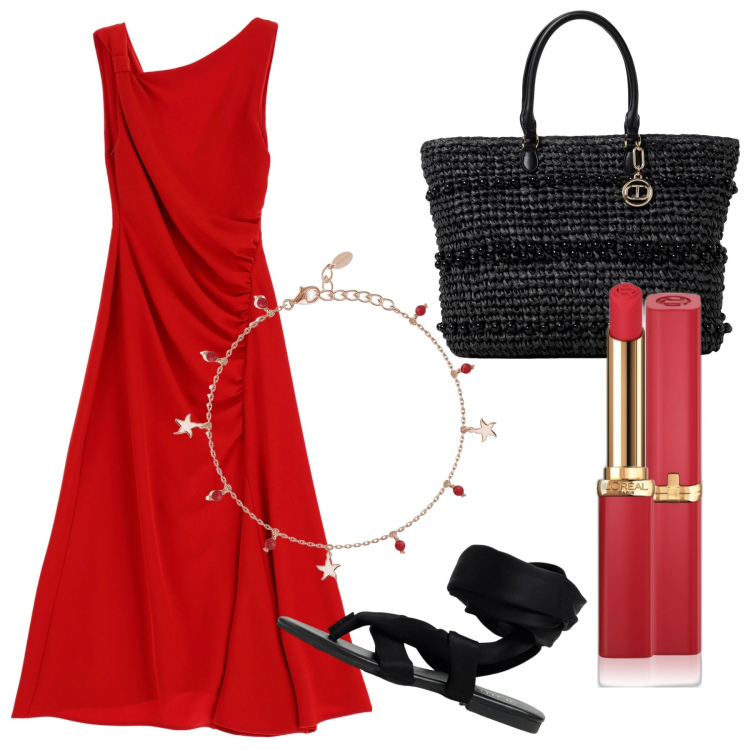 Outfit donna - Woman in red. Stile Glamour per Tutti i giorni. Abbinamento con rossetti, braccialetti con ciondoli, vestiti asimmetrici, borse a spalla, sandali in pelle.