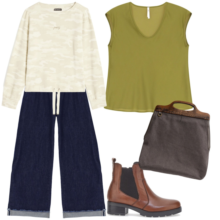 Outfit donna - Al lavoro. Stile Basic per Ufficio. Abbinamento con jeans, top, felpe, borse a tracolla, stivaletti.