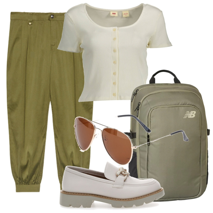 Outfit donna - Gusto militare. Stile Military per Scuola/Università. Abbinamento con zaini, mocassini, t-shirt, pantaloni, occhiali da sole.