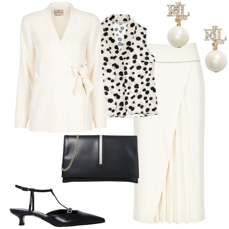 Outfit donna - Cerimonia. Stile Chic per Cerimonia. Abbinamento con gonne longuette, blazer, camicie, pochette, sandali col tacco, orecchini.