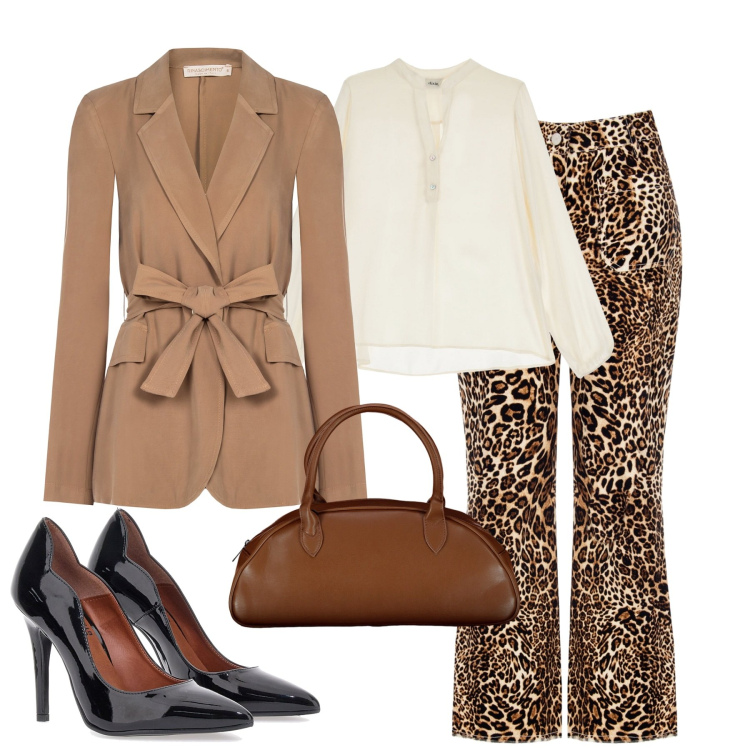 Outfit donna - Animal print. Stile Glamour per Tutti i giorni. Abbinamento con blazer, pantaloni, camicie, décolleté, borse a spalla.