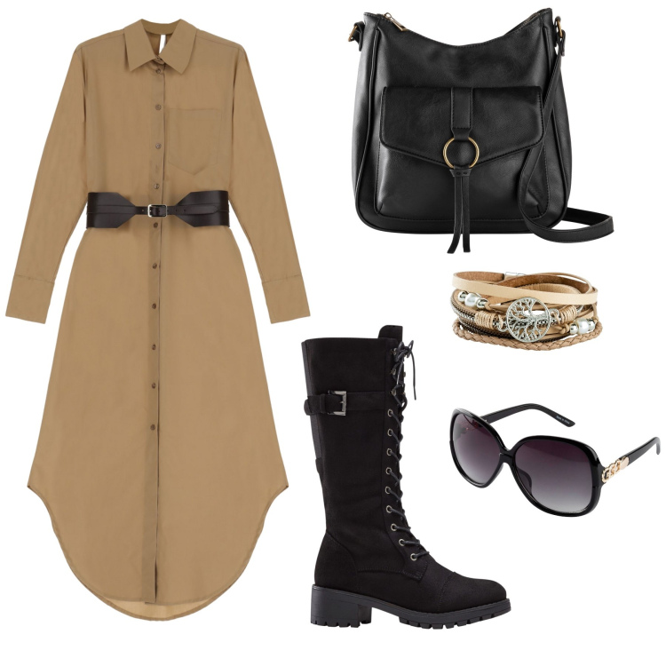 Outfit donna - Nero e cammello. Stile Military per Tutti i giorni. Abbinamento con braccialetti, occhiali da sole, stivali, borse a tracolla, vestiti lunghi.