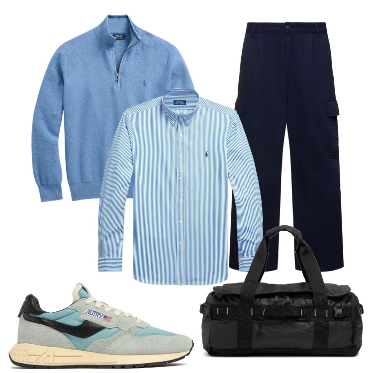 Outfit uomo - La palestra dopo l’ufficio. Stile Trendy per Ufficio. Abbinamento con camicie, maglieria, pantaloni cargo, borse sportive, sneakers.