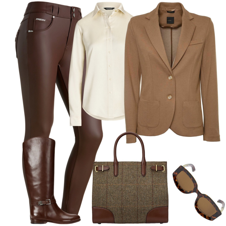 Outfit donna - City. Stile Urban per Tutti i giorni. Abbinamento con pantaloni skinny, stivali, camicie, borse tote, blazer, occhiali da sole.