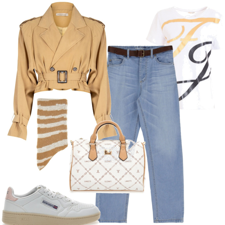 Outfit donna - Il trench crop. Stile Urban per Tutti i giorni. Abbinamento con trench, t-shirt, jeans slim fit, sciarpe, sneakers, borse a mano.