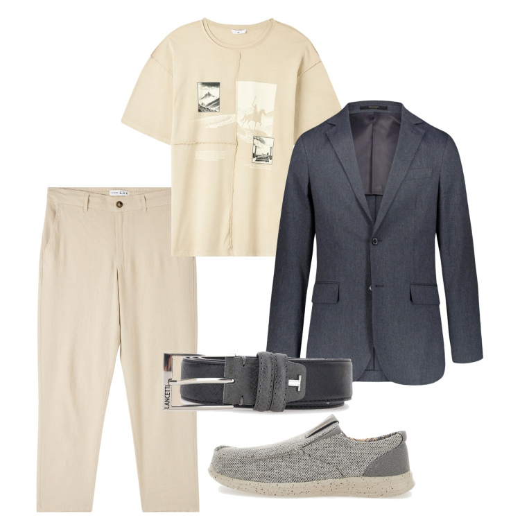 Outfit uomo - Pomeriggio di fine estate. Stile Casual per Tutti i giorni. Abbinamento con pantaloni, t-shirt, scarpe stringate, abiti, cinture.